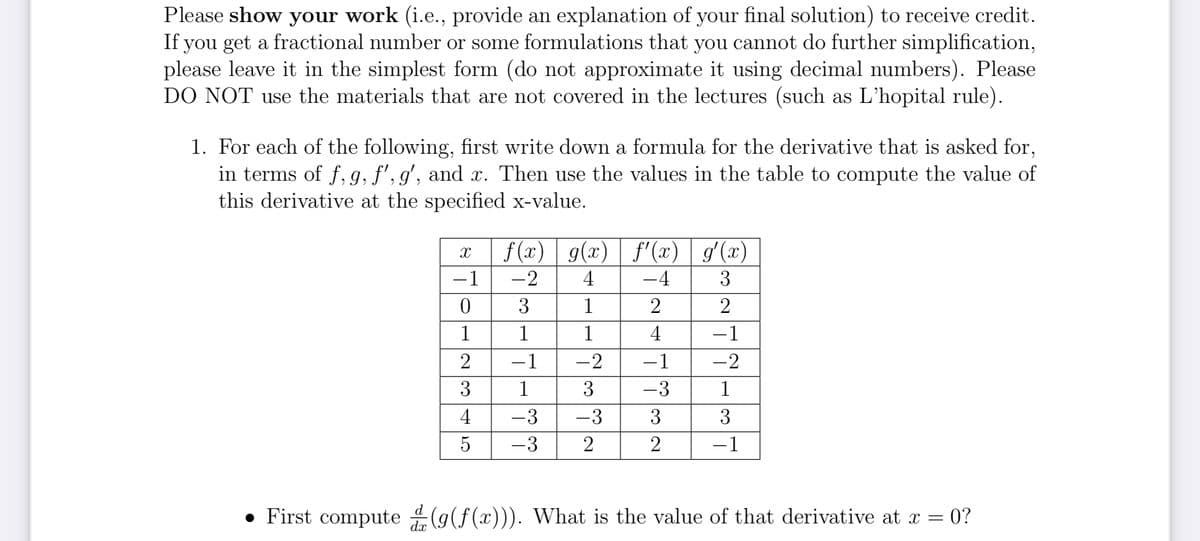 Please show your work (i.e., provide an explanation of your final solution) to receive credit.
If you get a fractional number or some formulations that you cannot do further simplification,
please leave it in the simplest form (do not approximate it using decimal numbers). Please
DO NOT use the materials that are not covered in the lectures (such as L'hopital rule).
1. For each of the following, first write down a formula for the derivative that is asked for,
in terms of f, g, f', g', and x. Then use the values in the table to compute the value of
this derivative at the specified x-value.
X
-1
0
1
2
3
4
LO
5
f(x) g(x) f'(x)
|
-2
4
–4
3
1
2
1
1
4
−1
-2
-1
1
3
-3
-3 -3
-3
2
3
2
g'(x)
3
2
−1
-2
1
3
−1
• First compute (g(f(x))). What is the value of that derivative at x = 0?