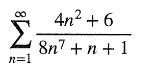 This mathematical expression represents an infinite series. The general form of the term in the series is:

\[ \sum_{n=1}^{\infty} \frac{4n^2 + 6}{8n^7 + n + 1} \]

This notation can be read as:

"The sum from \( n = 1 \) to infinity of the fraction \(\frac{4n^2 + 6}{8n^7 + n + 1}\)."

Explanation:
- \(\sum\) denotes the summation symbol, indicating that you're summing up a series of terms.
- The limits of the summation are \( n = 1 \) at the lower end and extending to infinity at the upper end.
- Each term in the series is defined by the fraction \(\frac{4n^2 + 6}{8n^7 + n + 1}\).

This series is typically analyzed to determine its convergence or divergence by various methods in calculus.