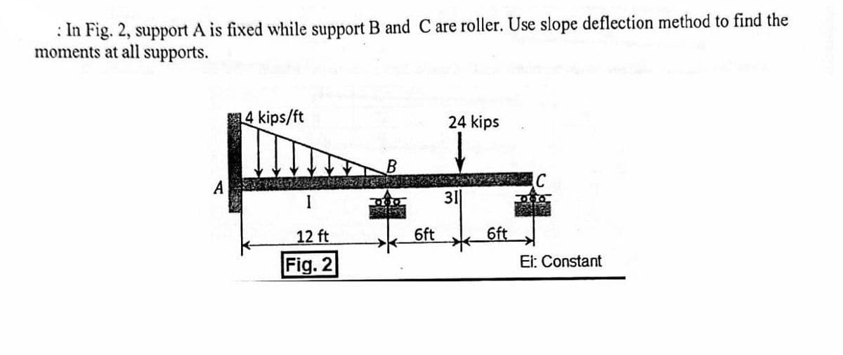 : In Fig. 2, support A is fixed while support B and C are roller. Use slope deflection method to find the
moments at all supports.
A
14 kips/ft
12 ft
Fig. 2
24 kips
E
31
6ft
6ft
31.8
Ei: Constant