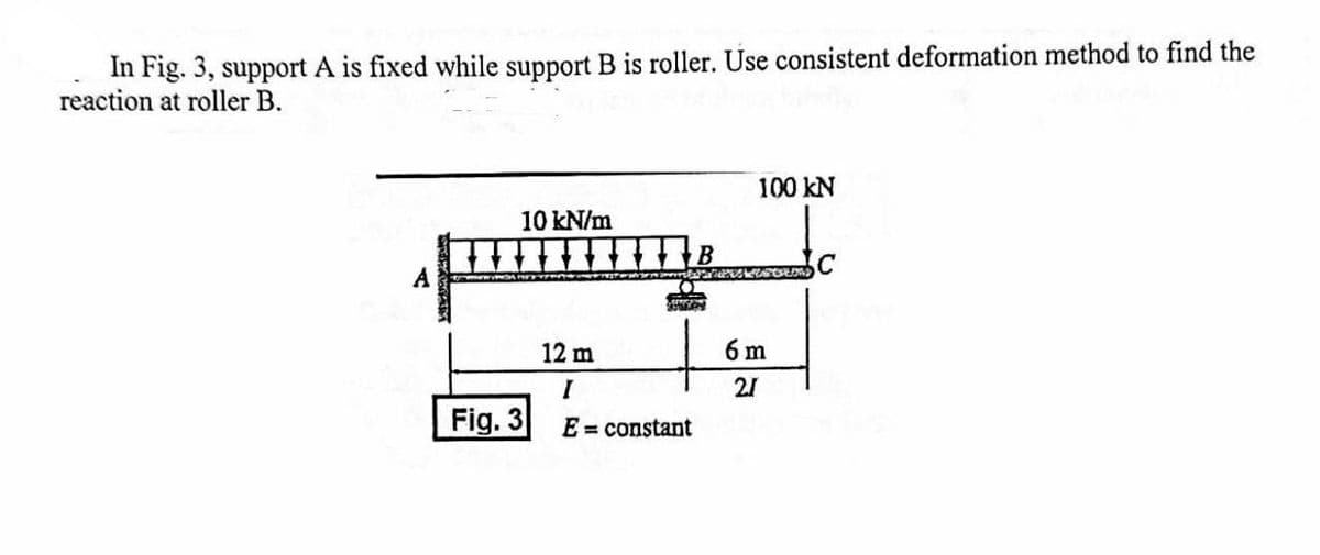 In Fig. 3, support A is fixed while support B is roller. Use consistent deformation method to find the
reaction at roller B.
10 kN/m
Fig. 3
AMOR
Sotong
12 m
I
E = constant
100 kN
6 m
21