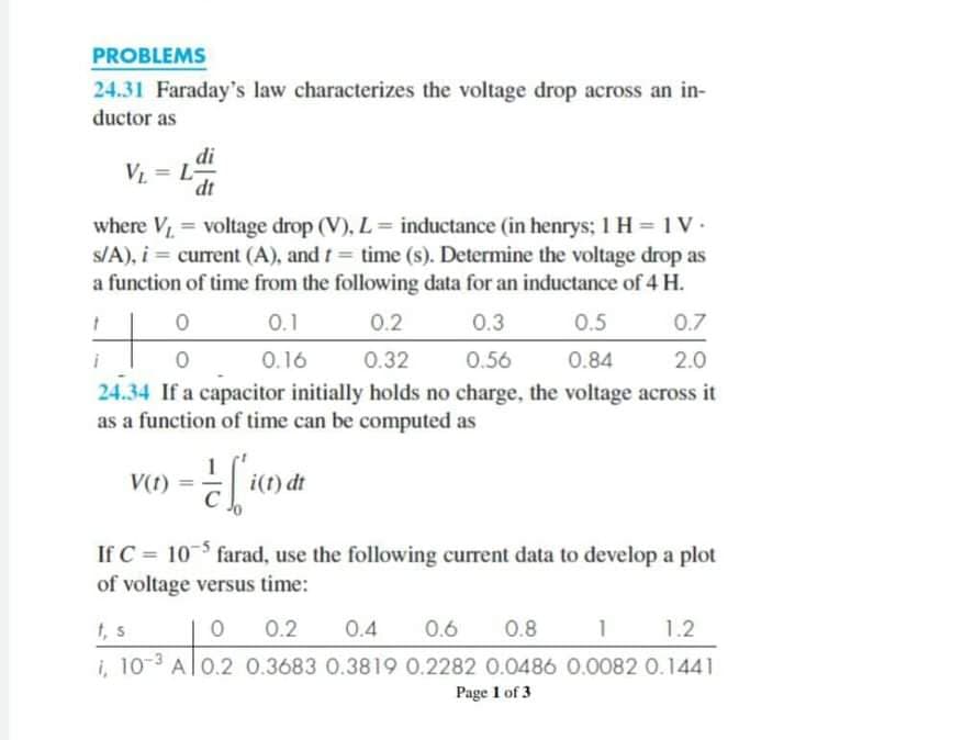 PROBLEMS
24.31 Faraday's law characterizes the voltage drop across an in-
ductor as
di
V = L-
dt
where V voltage drop (V), L inductance (in henrys; 1 H 1 V.
s/A), i = current (A), and t = time (s). Determine the voltage drop as
a function of time from the following data for an inductance of 4 H.
%3D
0.1
0.2
0.3
0.5
0.7
0.16
0.32
0.56
0.84
2.0
24.34 If a capacitor initially holds no charge, the voltage across it
as a function of time can be computed as
V(t)
i(t) dt
If C = 10 farad, use the following current data to develop a plot
of voltage versus time:
t, s
0 0.2
0.4
0.6
0.8
1.2
i, 10-3 Al0.2 0.3683 0.3819 0.2282 0.0486 0.0082 0.1441
Page 1 of 3
