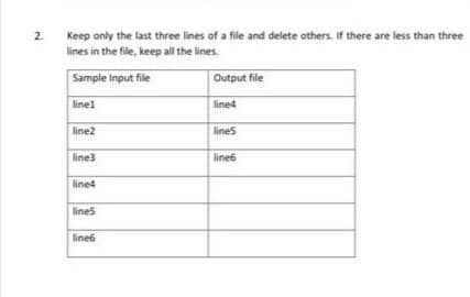 2.
Keep only the last three lines of a file and delete others. If there are less than three
lines in the file, keep all the lines.
Sample Input file
Output file
linel
line4
line2
line5
line3
line6
line4
line5
line6