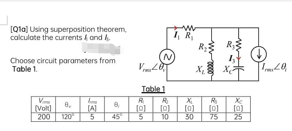 [Q1a] Using superposition theorem,
calculate the currents and 13.
Choose circuit parameters from
Table 1.
Vrms
[Volt]
200
8,
120°
Irms
0,
[A]
5 45°
N
Vrms 20
Table 1
R₁
[Q]
5
R₂
ag
www
10
I, R₁
X₁
ar
R₂ R₂ S
X₁
30
R3
Xc
[Q]
75 25
[0] [Q] [Q]
a
↓
Irms 40;