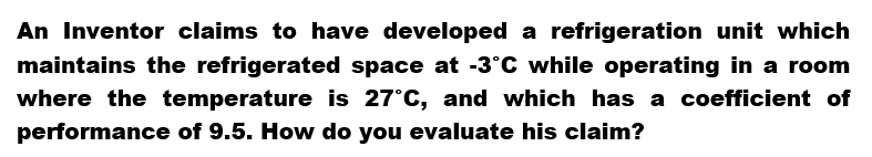 An Inventor claims to have developed a refrigeration unit which
maintains the refrigerated space at -3°C while operating in a room
where the temperature is 27°C, and which has a coefficient of
performance of 9.5. How do you evaluate his claim?