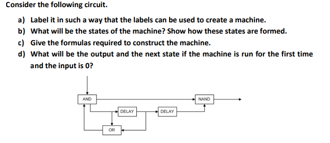 Consider the following circuit.
a) Label it in such a way that the labels can be used to create a machine.
b) What will be the states of the machine? Show how these states are formed.
c) Give the formulas required to construct the machine.
d) What will be the output and the next state if the machine is run for the first time
and the input is 0?
AND
NAND
DELAY
DELAY
OR
