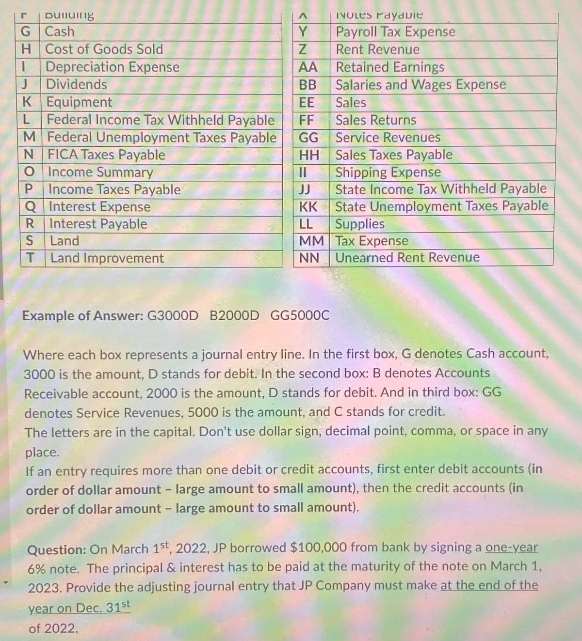 A
r Duilding
G Cash
Y
H
Z
1 Depreciation Expense
AA
J Dividends
BB
K Equipment
EE
L Federal Income Tax Withheld Payable FF
M Federal Unemployment Taxes Payable GG
N FICA Taxes Payable
HH
O Income Summary
II
P Income Taxes Payable
JJ
Q Interest Expense
KK
R Interest Payable
LL
S Land
MM
T Land Improvement
NN Unearned Rent Revenue
Cost of Goods Sold
INOLES Payable
Payroll Tax Expense
Rent Revenue
Example of Answer: G3000D B2000D GG5000C
Retained Earnings
Salaries and Wages Expense
Sales
Sales Returns
Service Revenues
Sales Taxes Payable
Shipping Expense
State Income Tax Withheld Payable
State Unemployment Taxes Payable
Supplies
Tax Expense
Where each box represents a journal entry line. In the first box, G denotes Cash account,
3000 is the amount, D stands for debit. In the second box: B denotes Accounts
Receivable account, 2000 is the amount, D stands for debit. And in third box: GG
denotes Service Revenues, 5000 is the amount, and C stands for credit.
The letters are in the capital. Don't use dollar sign, decimal point, comma, or space in any
place.
If an entry requires more than one debit or credit accounts, first enter debit accounts (in
order of dollar amount - large amount to small amount), then the credit accounts (in
order of dollar amount - large amount to small amount).
Question: On March 1st, 2022, JP borrowed $100,000 from bank by signing a one-year
6% note. The principal & interest has to be paid at the maturity of the note on March 1,
2023. Provide the adjusting journal entry that JP Company must make at the end of the
year on Dec. 31st
of 2022.