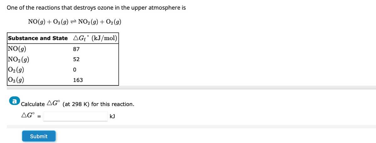 One of the reactions that destroys ozone in the upper atmosphere is
NO(g) + O3 (9) NO2 (g) + O2 (9)
Substance and State AGf (kJ/mol)
NO(g)
87
NO₂ (g)
52
0₂ (9)
0
03 (g)
163
a
Calculate AGO
AGO
=
Submit
(at 298 K) for this reaction.
KJ