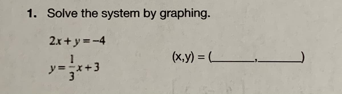 1. Solve the system by graphing.
2.x+ y =-4
(x,y) = (_
ソ=ニメ+3
