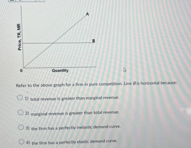 Price, TR, MR
O
Quantity
A
B
W
Refer to the above graph for a firm in pure competition. Line B is horizontal because:
1) total revenue is greater than marginal revenue.
2) marginal revenue is greater than total revenue.
3) the firm has a perfectly inelastic demand curve.
4) the firm has a perfectly elastic demand curve.