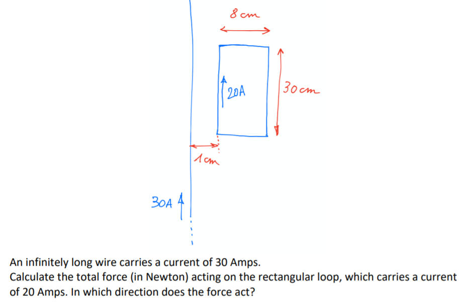 8 cm
30 cm
20A
A cm
B0A 4
An infinitely long wire carries a current of 30 Amps.
Calculate the total force (in Newton) acting on the rectangular loop, which carries a current
of 20 Amps. In which direction does the force act?
