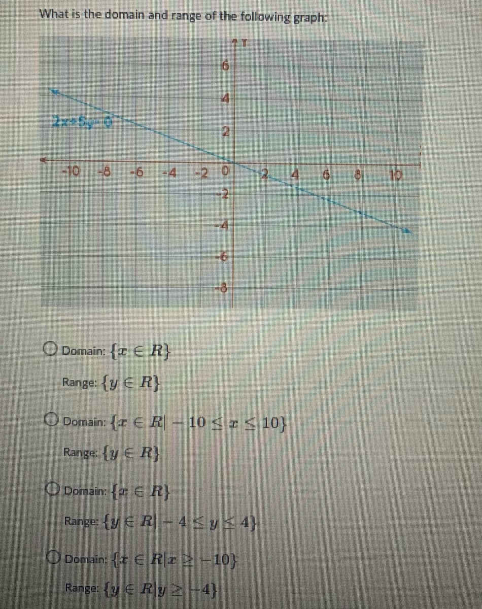 What is the domain and range of the following graph:
2x+5g-0
-8 -6 14
O Domain: {z € R}
Range: {y E R}
N
6
4
N
0
-4
-6
T
O Domain: {z € R - 10 ≤ x ≤ 10}
Range: {y ≤ R}
O Domain: {z € R}
Range: {y € R - 4 ≤ y ≤ 4}
Domain: {z € Rz 2 -10}
Range: y Ry 2-4}
17
4
10