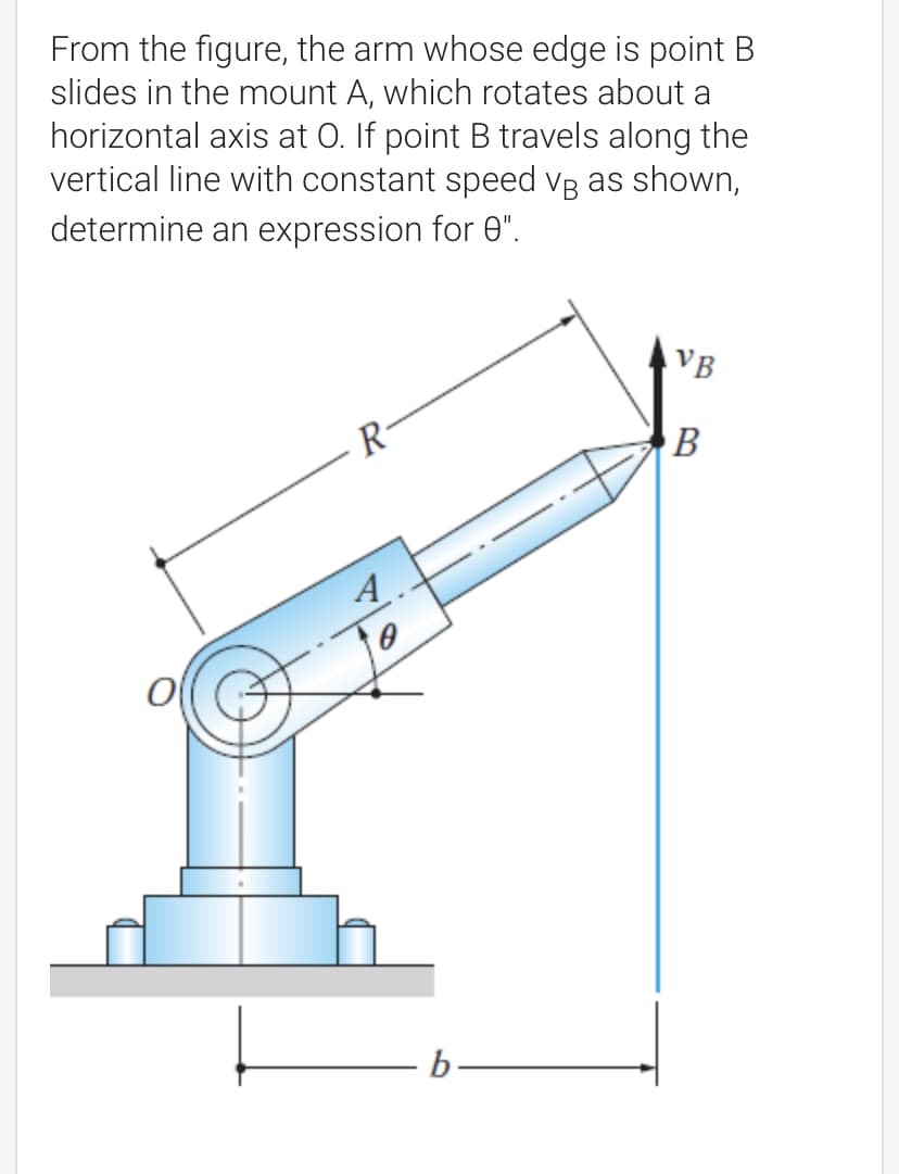 From the figure, the arm whose edge is point B
slides in the mount A, which rotates about a
horizontal axis at O. If point B travels along the
vertical line with constant speed vB as shown,
determine an expression for 0".
VB
R-
b-
