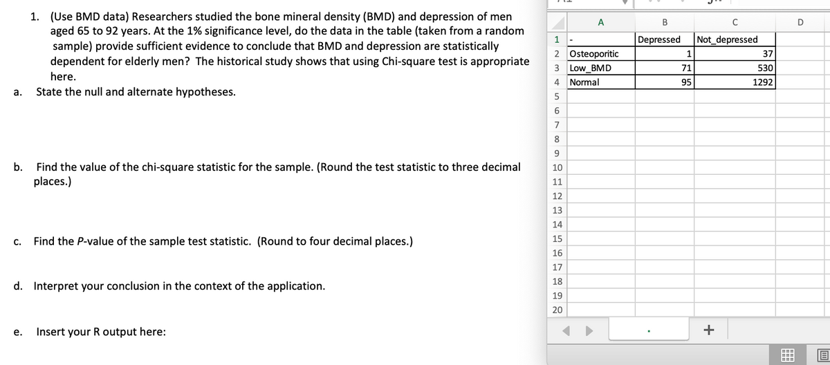 1. (Use BMD data) Researchers studied the bone mineral density (BMD) and depression of men
aged 65 to 92 years. At the 1% significance level, do the data in the table (taken from a random
sample) provide sufficient evidence to conclude that BMD and depression are statistically
dependent for elderly men? The historical study shows that using Chi-square test is appropriate
A
В
C
D
1
Depressed
Not_depressed
2 Osteoporitic
1
37
3
Low_BMD
71
530
here.
Normal
95
1292
а.
State the null and alternate hypotheses.
7
8
9.
b.
Find the value of the chi-square statistic for the sample. (Round the test statistic to three decimal
places.)
10
11
12
13
14
C.
Find the P-value of the sample test statistic. (Round to four decimal places.)
15
16
17
18
d. Interpret your conclusion in the context of the application.
19
20
Insert your R output here:
+
е.
