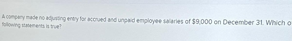 A company made no adjusting entry for accrued and unpaid employee salaries of $9,000 on December 31. Which o
following statements is true?