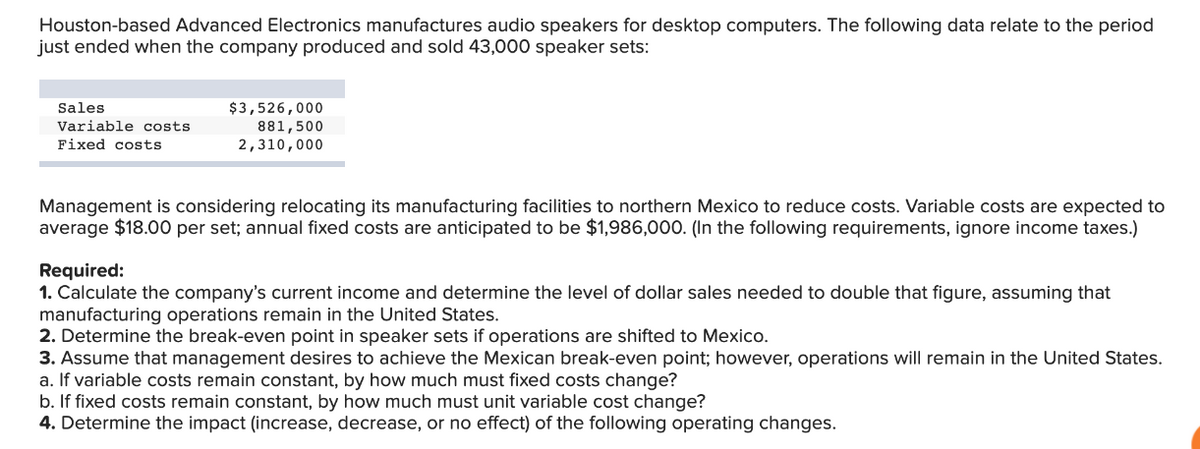 Houston-based Advanced Electronics manufactures audio speakers for desktop computers. The following data relate to the period
just ended when the company produced and sold 43,000 speaker sets:
Sales
Variable costs
Fixed costs
$3,526,000
881,500
2,310,000
Management is considering relocating its manufacturing facilities to northern Mexico to reduce costs. Variable costs are expected to
average $18.00 per set; annual fixed costs are anticipated to be $1,986,000. (In the following requirements, ignore income taxes.)
Required:
1. Calculate the company's current income and determine the level of dollar sales needed to double that figure, assuming that
manufacturing operations remain in the United States.
2. Determine the break-even point in speaker sets if operations are shifted to Mexico.
3. Assume that management desires to achieve the Mexican break-even point; however, operations will remain in the United States.
a. If variable costs remain constant, by how much must fixed costs change?
b. If fixed costs remain constant, by how much must unit variable cost change?
4. Determine the impact (increase, decrease, or no effect) of the following operating changes.