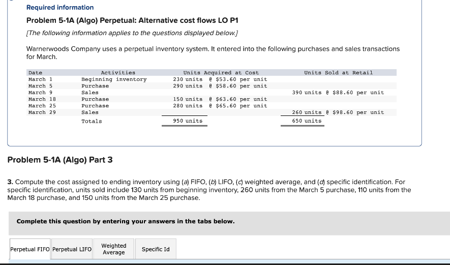 Required information
Problem 5-1A (Algo) Perpetual: Alternative cost flows LO P1
[The following information applies to the questions displayed below.]
Warnerwoods Company uses a perpetual inventory system. It entered into the following purchases and sales transactions
for March.
Date
March 1
March 5
March 9
March 18
March 25
March 29
Activities
Beginning inventory
Purchase
Sales
Purchase
Purchase
Sales
Totals
Perpetual FIFO Perpetual LIFO
Units Acquired at Cost
230 units @ $53.60 per unit
290 units @ $58.60 per unit
Weighted
Average
150 units @ $63.60 per unit.
280 units @ $65.60 per unit
Complete this question by entering your answers in the tabs below.
Specific Id
950 units
Problem 5-1A (Algo) Part 3
3. Compute the cost assigned to ending inventory using (a) FIFO, (b) LIFO, (c) weighted average, and (d) specific identification. For
specific identification, units sold include 130 units from beginning inventory, 260 units from the March 5 purchase, 110 units from the
March 18 purchase, and 150 units from the March 25 purchase.
Units Sold at Retail
390 units@ $88.60 per unit
260 units@ $98.60 per unit
650 units