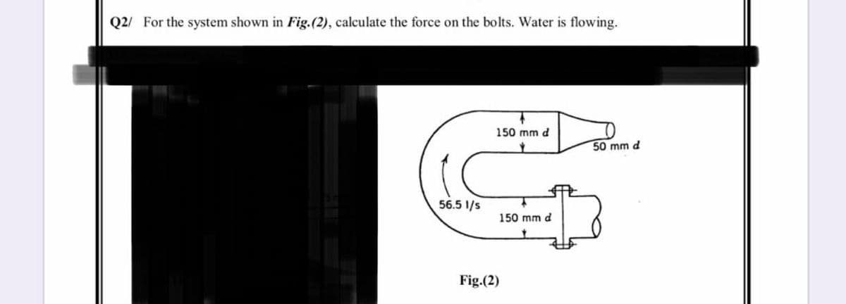 Q2/ For the system shown in Fig.(2), calculate the force on the bolts. Water is flowing.
150 mm d
50 mm d
56.5 1/s
150 mm d
Fig.(2)
