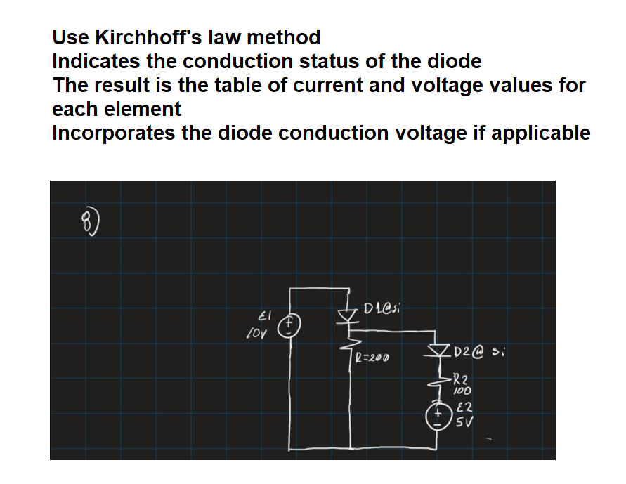 Use Kirchhoff's law method
Indicates the conduction status of the diode
The result is the table of current and voltage values for
each element
Incorporates the diode conduction voltage if applicable
DICsi
El
CD2@ si
R=200
-R2
E2
SV
