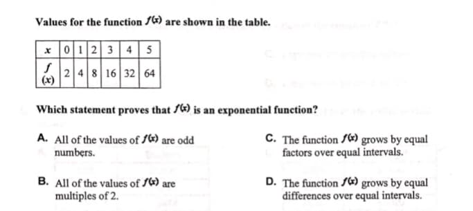 Values for the function 14) are shown in the table.
x 0123 45
2 48 16 32 64
(x)
A
Which statement proves that /6) is an exponential function?
C. The function /«) grows by equal
factors over equal intervals.
A. All of the values of 1«) are odd
numbers.
B. All of the values of f«) are
multiples of 2.
D. The function S«) grows by equal
differences over equal intervals.
