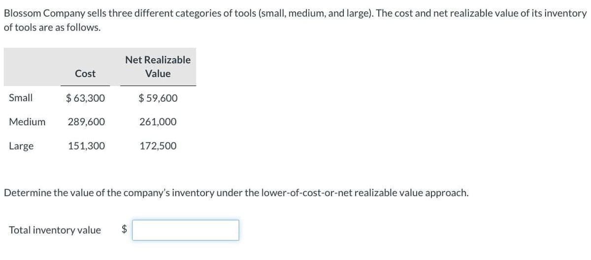 Blossom Company sells three different categories of tools (small, medium, and large). The cost and net realizable value of its inventory
of tools are as follows.
Net Realizable
Cost
Value
Small
$63,300
$59,600
Medium
289,600
261,000
Large
151,300
172,500
Determine the value of the company's inventory under the lower-of-cost-or-net realizable value approach.
Total inventory value
$