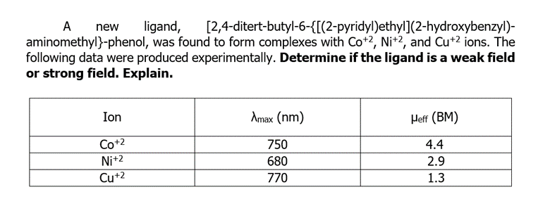 A
ligand,
[2,4-ditert-butyl-6-{[(2-pyridyl)ethyl](2-hydroxybenzyl)-
new
aminomethyl}-phenol, was found to form complexes with Co+2, Ni+2, and Cu+2 ions. The
following data were produced experimentally. Determine if the ligand is a weak field
or strong field. Explain.
Ion
Amax (nm)
Heff (BM)
Co+2
Ni+2
Cu+2
750
4.4
680
2.9
770
1.3
