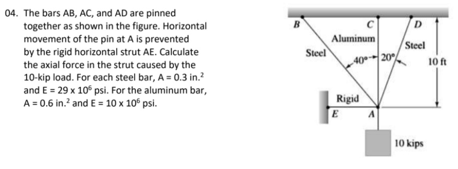 04. The bars AB, AC, and AD are pinned
together as shown in the figure. Horizontal
movement of the pin at A is prevented
by the rigid horizontal strut AE. Calculate
the axial force in the strut caused by the
10-kip load. For each steel bar, A = 0.3 in.²
and E = 29 x 106 psi. For the aluminum bar,
A = 0.6 in.? and E = 10 x 106 psi.
B
C
D
Aluminum
Steel
Steel
40°20°
10 ft
Rigid
E
A
10 kips
