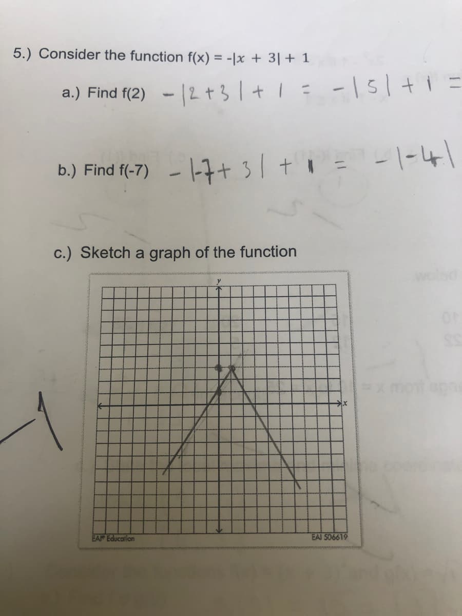 5.) Consider the function f(x) = -|x + 3| + 1
a.) Find f(2) - 2 + 3 + 1 = − | 5 | + 1 =
-
b.) Find f(-7) - 1-7+ 3 + = -1-41
c.) Sketch a graph of the function
EAP Education
EAJ 506619