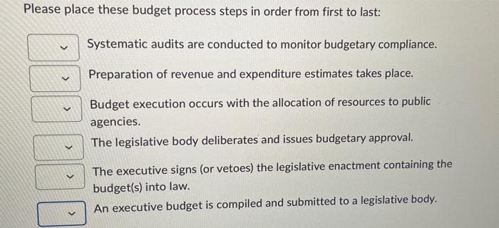 Please place these budget process steps in order from first to last:
Systematic audits are conducted to monitor budgetary compliance.
Preparation of revenue and expenditure estimates takes place.
Budget execution occurs with the allocation of resources to public
agencies.
The legislative body deliberates and issues budgetary approval.
The executive signs (or vetoes) the legislative enactment containing the
budget(s) into law.
An executive budget is compiled and submitted to a legislative body.
3000
>
