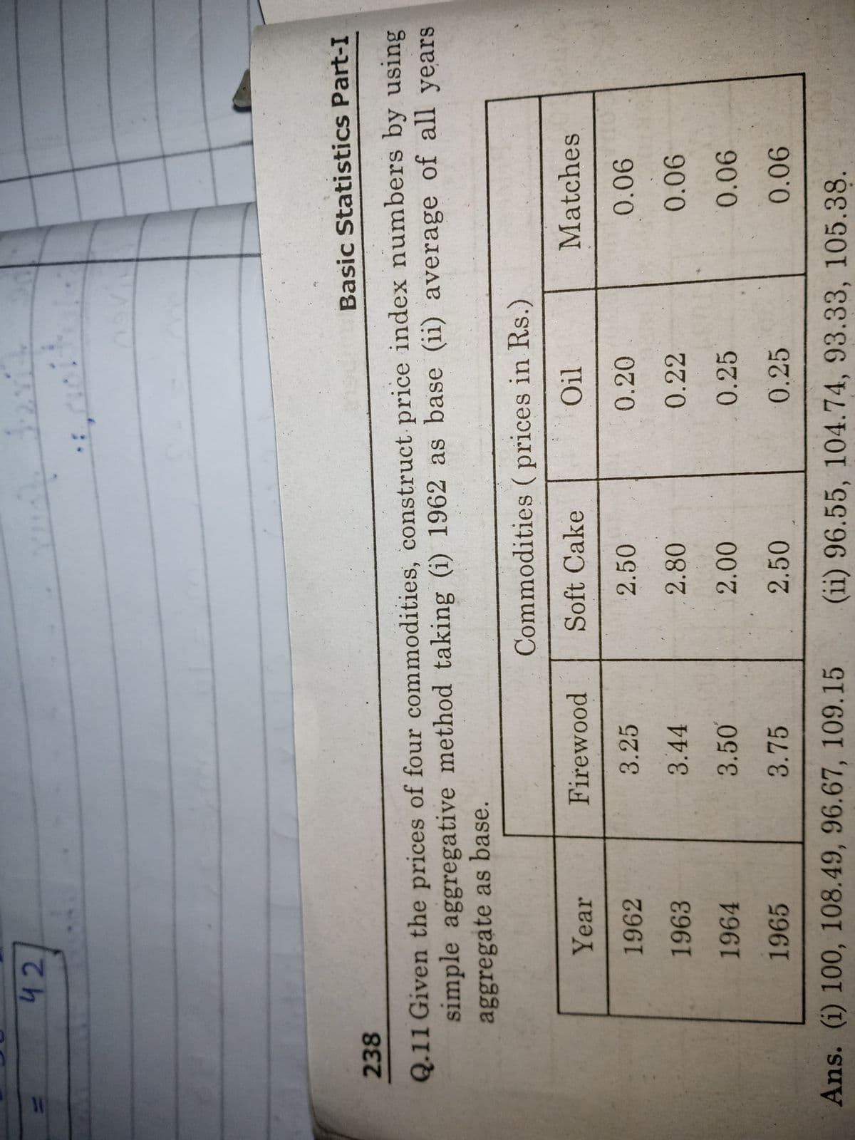 42
Basic Statistics Part-I
238
Q.11 Given the prices of four commodities, construct price index numbers by using
simple aggregative method taking (i) 1962 as base (ii) average of all years
aggregate as base.
Commodities (prices in Rs.)
Year
Firewood
Soft Cake
Matches
1962
3.25
2.50
0.20
1963
3.44
2.80
0.22
1964
3.50
0.25
1965
3.75
2.50
0.25
Ans. (i) 100, 108.49, 96.67, 109.15
(ii) 96.55, 104.74, 93.33, 105.38.
