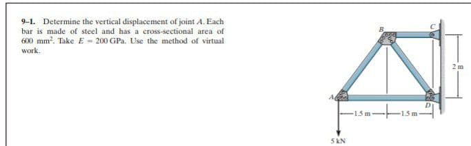 9-1. Determine the vertical displacement of joint A. Each
bar is made of steel and has a cross-sectional area of
600 mm². Take E = 200 GPa. Use the method of virtual
work.
5 kN
-1.5 m
1.5 m
2m