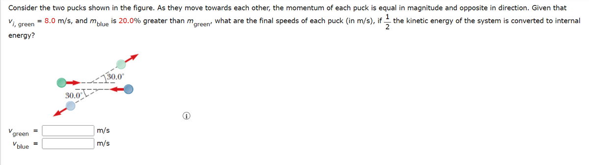 Consider
Vi, green
energy?
V
green
V
the two pucks shown in the figure. As they move towards each other, the momentum of each puck is equal in magnitude and opposite in direction. Given that
what are the final speeds of each puck (in m/s), if. the kinetic energy of the system is converted to internal
= 8.0 m/s, and m blue is 20.0% greater than m
2
blue
30.0
130.0°
m/s
m/s
'green'