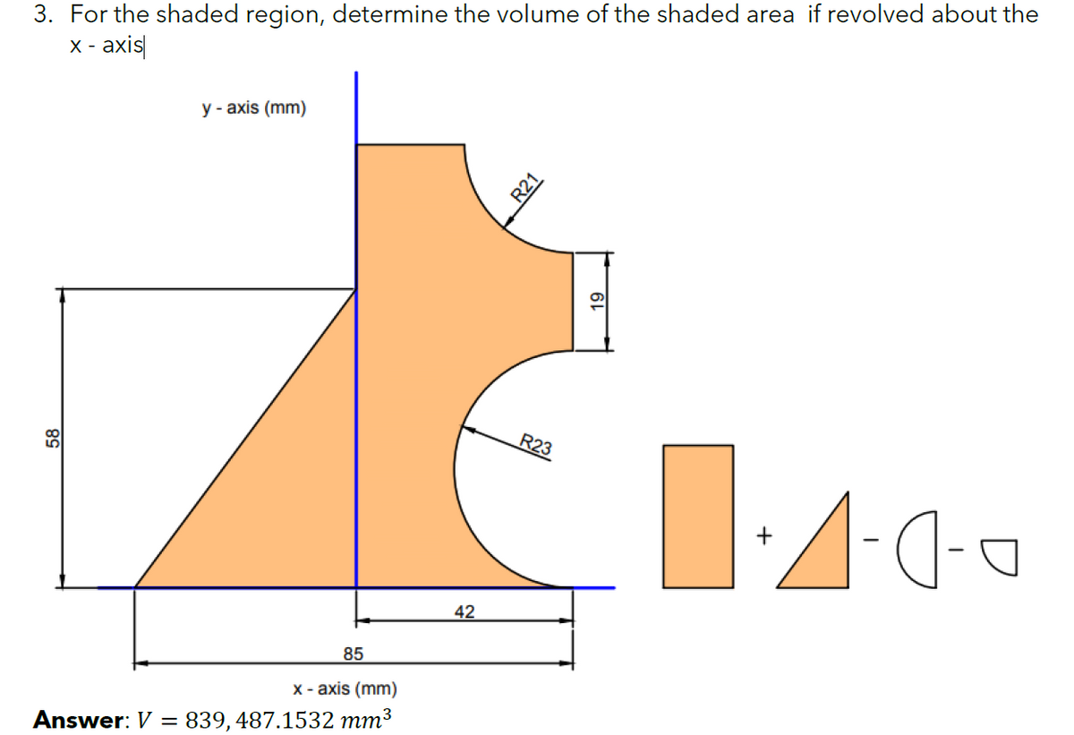 3. For the shaded region, determine the volume of the shaded area if revolved about the
X - axis|
y - axis (mm)
R23
42
85
x - axis (mm)
Answer: V = 839, 487.1532 mm³
58
R21
