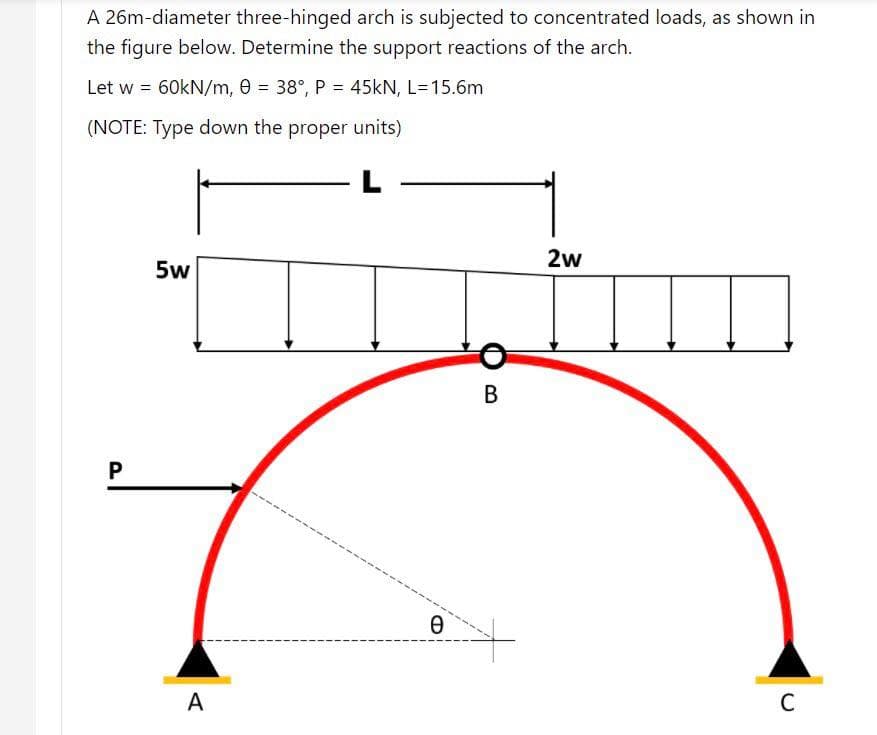 A 26m-diameter three-hinged arch is subjected to concentrated loads, as shown in
the figure below. Determine the support reactions of the arch.
Let w = 60kN/m, 0 = 38°, P = 45kN, L=15.6m
(NOTE: Type down the proper units)
2w
5w
В
P
A
C
