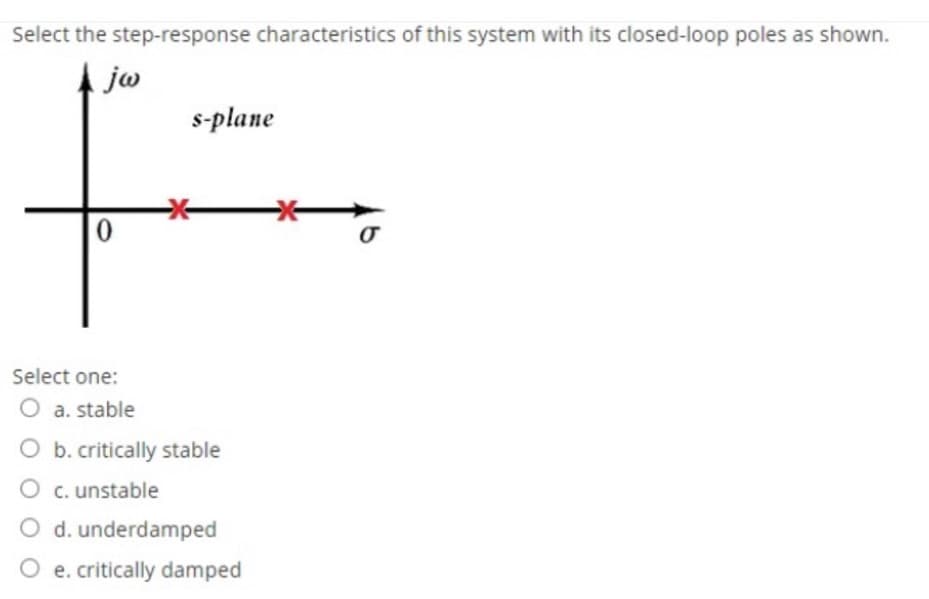 Select the step-response characteristics of this system with its closed-loop poles as shown.
jo
s-plane
Select one:
O a. stable
b. critically stable
O c. unstable
O d. underdamped
O e. critically damped
