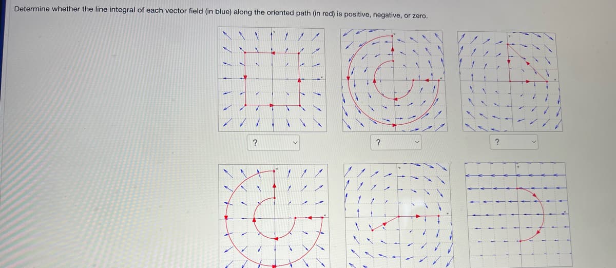 Determine whether the line integral of each vector field (in blue) along the oriented path (in red) is positive, negative, or zero.
?
?