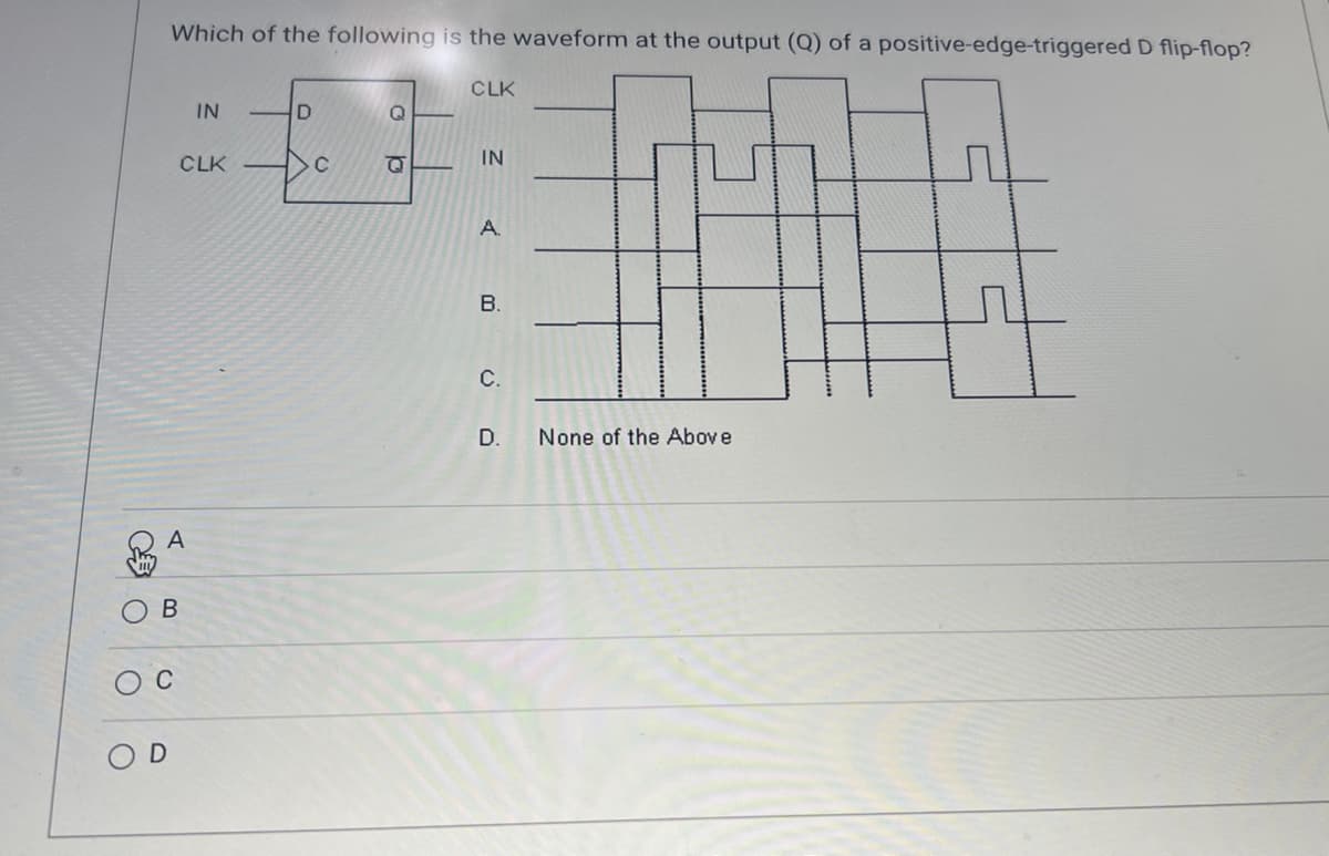 CO
Which of the following is the waveform at the output (Q) of a positive-edge-triggered D flip-flop?
CLK
CLK
A
IN
B
D
C
Q
Q
IN
A
B.
C.
D.
None of the Above