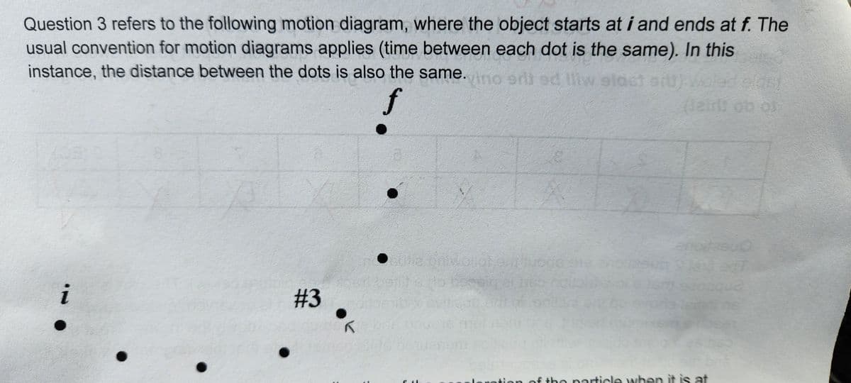 Question 3 refers to the following motion diagram, where the object starts at i and ends at f. The
usual convention for motion diagrams applies (time between each dot is the same). In this
instance, the distance between the dots is also the same. Ino erited liw s act of
pled elds
(izirls ob of
f
i
#3
K
CLL
X
loration of the particle when it is at