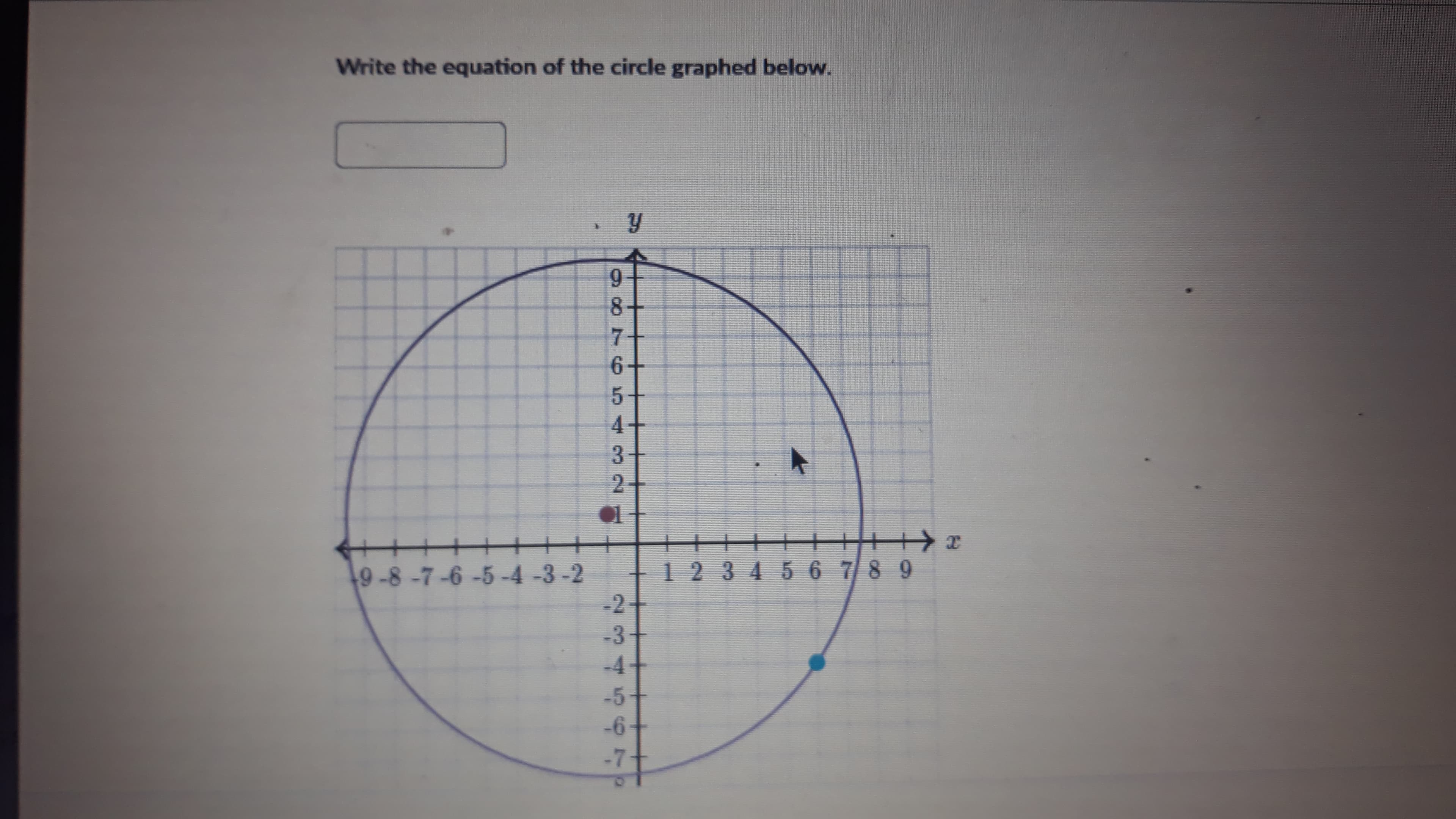 Write the equation of the circle graphed below.
9-
8
7.
6-
4-
2-
1 2 3 45 6 789
9-8-7-6 -5 -4 -3-2
-2
-3
-4-
-5
-6
-7
