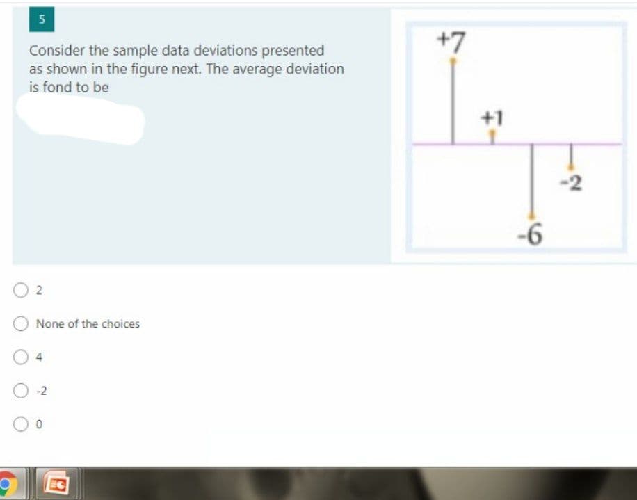 +7
Consider the sample data deviations presented
as shown in the figure next. The average deviation
is fond to be
+1
-6
O 2
None of the choices
-2
5.
