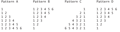 Pattern A
Pattern B
Pattern C
Pattern D
1 2 3 4 5 6
12 3 4 5
12 3 4
1 2 3
1 2
12 3 4 56
1 23 4 5
12 3 4
12 3
1 2
1
1
1 2
1 2 3
1 2 3 4
1 2 3 4 5
1 2 3 4 5 6
2 1
3 2 1
4 3 2 1
5 4 3 2 1
6 5 4 3 2 1
1
