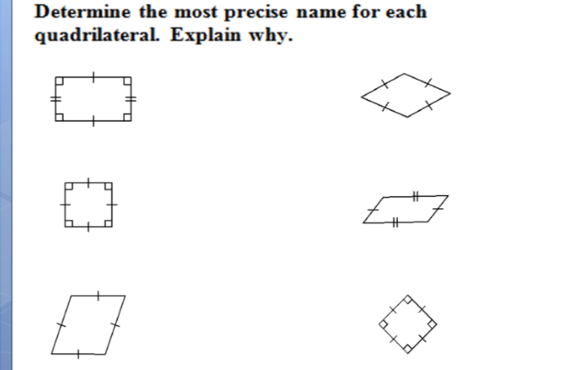 **Quadrilateral Analysis**

**Objective**: Determine the most precise name for each quadrilateral. Explain why.

**Diagrams and Descriptions**:

1. **Top Left Quadrilateral**:
   - Features: All sides are of equal length, and all angles are right angles (indicated by the small square marks at each corner).
   - Most Precise Name: Square
   - Explanation: A quadrilateral with four equal sides and four right angles.

2. **Top Right Quadrilateral**:
   - Features: All sides are of equal length, but there are no right angles.
   - Most Precise Name: Rhombus
   - Explanation: A quadrilateral with all sides equal but not necessarily right angles.

3. **Middle Left Quadrilateral**:
   - Features: All sides are of equal length; all angles are right angles.
   - Most Precise Name: Square
   - Explanation: Identical to the top left quadrilateral.

4. **Middle Right Quadrilateral**:
   - Features: Opposite sides are of equal length (indicated by pairs of marks), but not all angles are right angles.
   - Most Precise Name: Parallelogram
   - Explanation: A quadrilateral with opposite sides equal and parallel.

5. **Bottom Left Quadrilateral**:
   - Features: Two pairs of consecutive sides are equal.
   - Most Precise Name: Kite
   - Explanation: A quadrilateral with two distinct pairs of adjacent equal-length sides.

6. **Bottom Right Quadrilateral**:
   - Features: All sides are of equal length and angles appear to be right angles.
   - Most Precise Name: Square
   - Explanation: Similar to the squares described above.

**Note**:
Each diagram is a line drawing representing a specific type of quadrilateral, distinguished by marks indicating equal sides or angles.