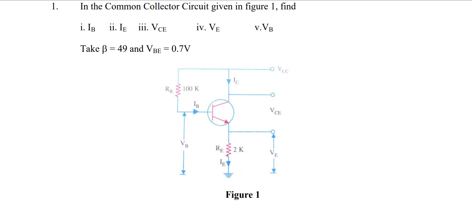 1.
In the Common Collector Circuit given in figure 1, find
iv. Ve
v.VB
i. IB ii. IE iii VCE
Take B = 49 and VBE = 0.7V
o VcC
Rg
100 K
IB
VCE
NCE
VB
RE 2 K
E
IE
Figure 1
