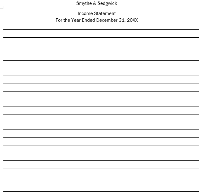 Smythe & Sedgwick
Income Statement
For the Year Ended December 31, 20XX
