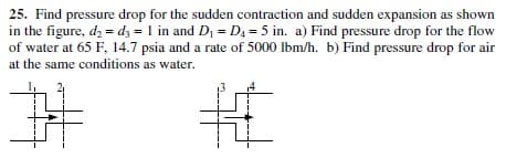 25. Find pressure drop for the sudden contraction and sudden expansion as shown
in the figure, dz = dz = 1 in and D, = D4 = 5 in. a) Find pressure drop for the flow
of water at 65 F, 14.7 psia and a rate of 5000 Ibm/h. b) Find pressure drop for air
at the same conditions as water.
古
