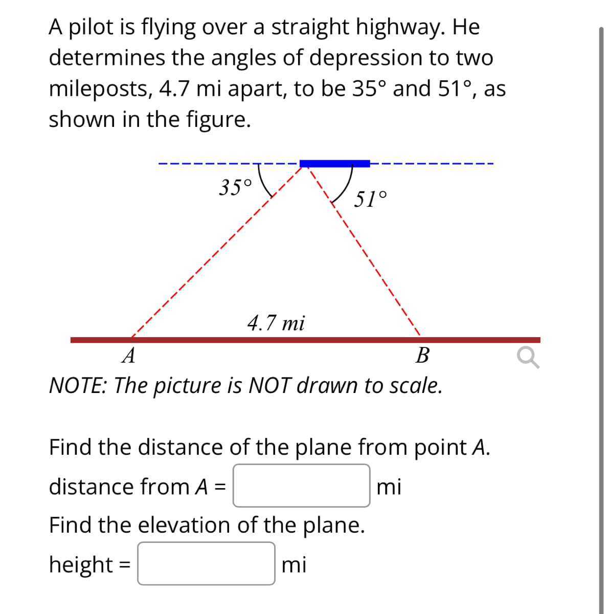 A pilot is flying over a straight highway. He
determines the angles of depression to two
mileposts, 4.7 mi apart, to be 35° and 51°, as
shown in the figure.
35°
4.7 mi
51°
1
A
B
NOTE: The picture is NOT drawn to scale.
Find the distance of the plane from point A.
distance from A =
mi
Find the elevation of the plane.
height=
mi