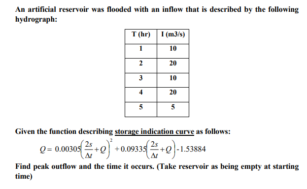 An artificial reservoir was flooded with an inflow that is described by the following
hydrograph:
T (hr) I (m3/s)
1
10
20
10
20
5
2
3
4
5
Given the function describing storage indication curve as follows:
2s
(2/5 +0)-1
Q=0.003052+0+0.0
+0.09335
13
-+Q-1.53884
Find peak outflow and the time it occurs. (Take reservoir as being empty at starting
time)