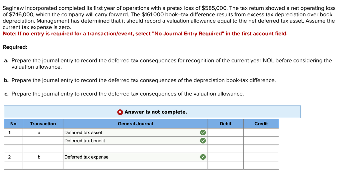 Saginaw Incorporated completed its first year of operations with a pretax loss of $585,000. The tax return showed a net operating loss
of $746,000, which the company will carry forward. The $161,000 book-tax difference results from excess tax depreciation over book
depreciation. Management has determined that it should record a valuation allowance equal to the net deferred tax asset. Assume the
current tax expense is zero.
Note: If no entry is required for a transaction/event, select "No Journal Entry Required" in the first account field.
Required:
a. Prepare the journal entry to record the deferred tax consequences for recognition of the current year NOL before considering the
valuation allowance.
b. Prepare the journal entry to record the deferred tax consequences of the depreciation book-tax difference.
c. Prepare the journal entry to record the deferred tax consequences of the valuation allowance.
No
1
2
Transaction
a
b
Deferred tax asset
Deferred tax benefit
Deferred tax expense
X Answer is not complete.
General Journal
Debit
Credit