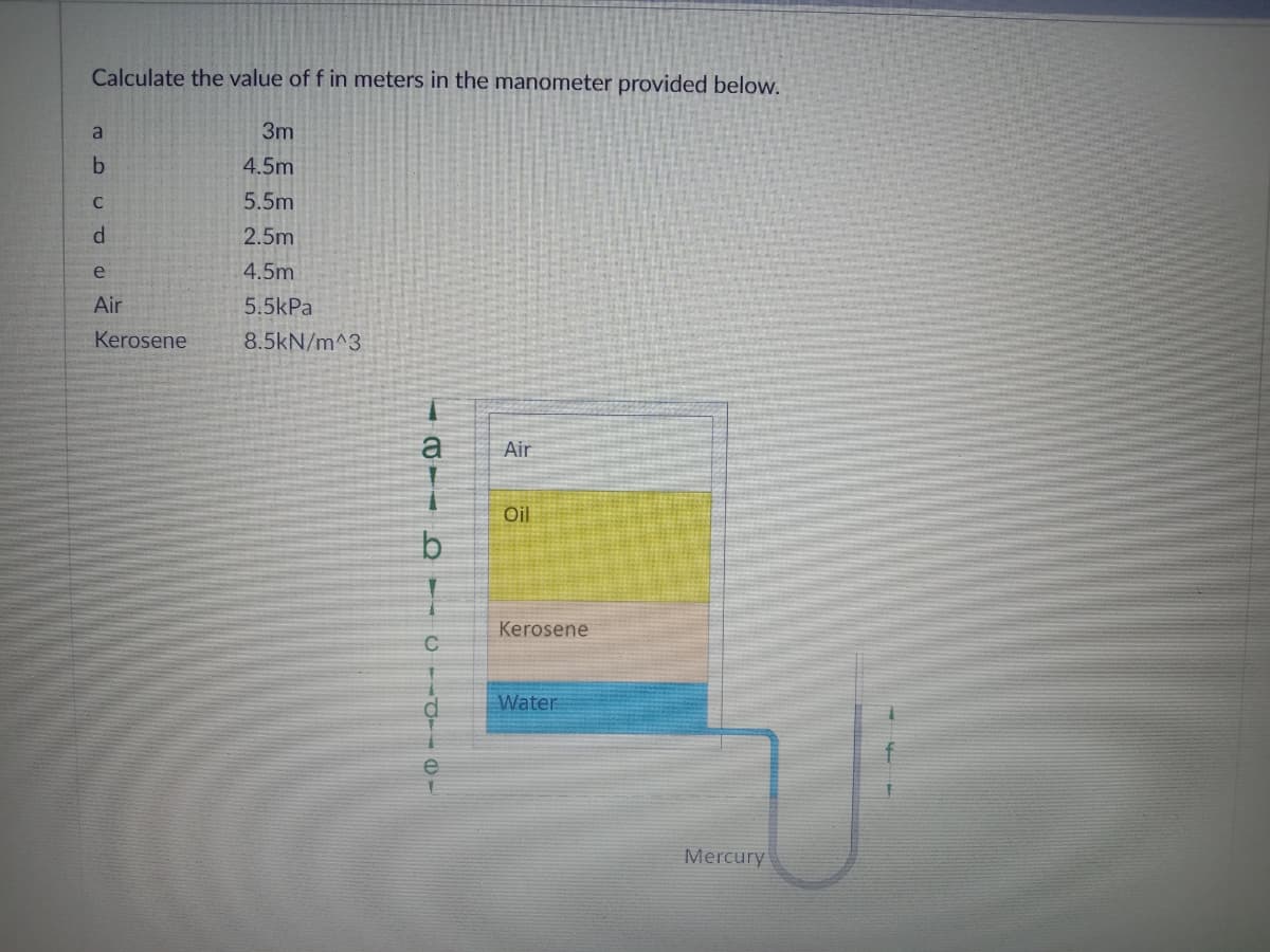 Calculate the value of f in meters in the manometer provided below.
a
3m
b
4.5m
C
5.5m
d
2.5m
e
4.5m
Air
5.5kPa
Kerosene
8.5kN/m^3
1191
b
O11C ---- C-
Air
Oil
Kerosene
Water
Mercury