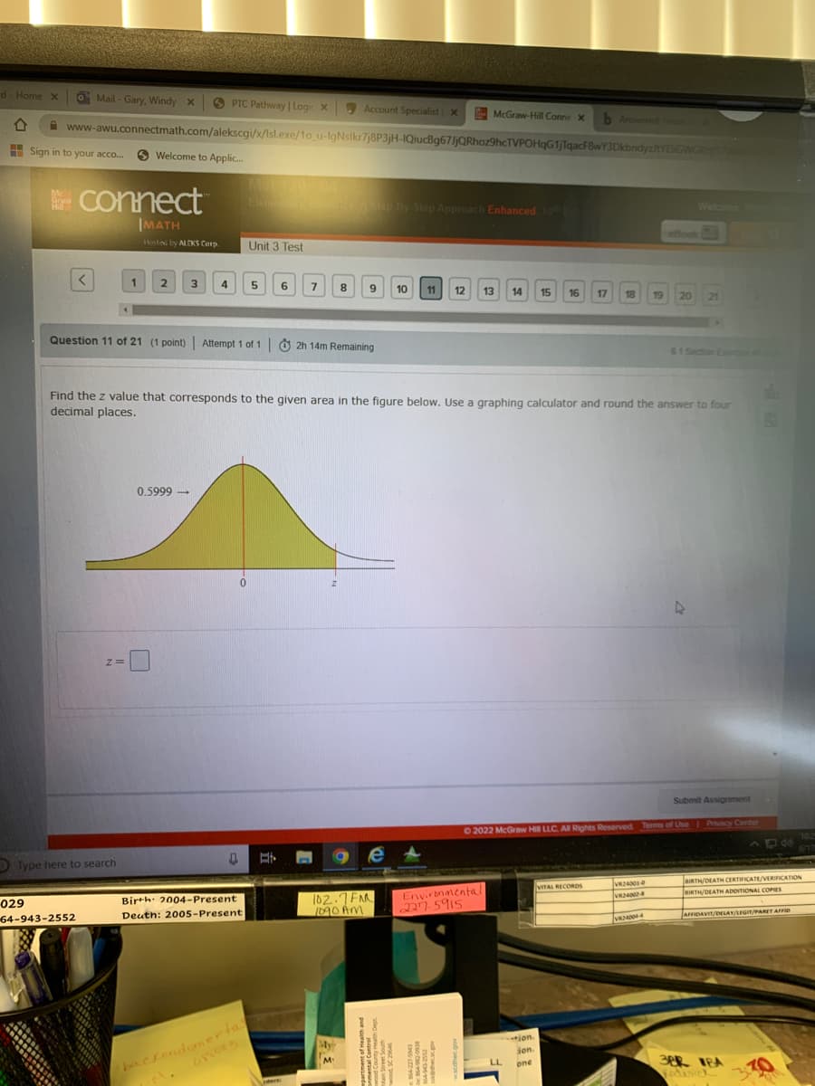 **Title: Understanding Z-scores and the Area Under the Normal Distribution Curve**

**Introduction:**

In statistics, the Z-score represents the number of standard deviations a data point is from the mean. Understanding how to find the Z-value corresponding to a given area under a normal distribution curve is essential for interpreting and analyzing data.

**Example Problem:**

*Find the Z value that corresponds to the given area in the figure below. Use a graphing calculator and round the answer to four decimal places.*

**Diagram Explanation:**

The diagram illustrates a normal distribution curve, which is bell-shaped and symmetric about the mean (µ = 0). It shows an area under the curve corresponding to the Z value we need to find.

The shaded area under the curve to the left of a vertical line is labeled with the value 0.5999. This represents the cumulative area from the far left tail to the Z value.

**Steps to Solve:**

1. **Graphical Representation:**
   - Identify the shaded area, which indicates the cumulative probability (area to the left of the Z value).

2. **Using a Graphing Calculator:**
   - To find the Z value corresponding to the cumulative area of 0.5999, use the inverse normal distribution function on the calculator.
   - Input 0.5999 as the cumulative probability to retrieve the corresponding Z value.

3. **Round to Four Decimal Places:**
   - Once the Z value is found, round it to four decimal places for precision.

**Student Practice:**
   
**Example Calculation:**
   - Given cumulative area: 0.5999
   - Using a graphing calculator or Z-table, find the corresponding Z value.
   - The process will yield an approximate Z value, which students should then round to four decimal places.

**Answer Submission:**
- Students will input their Z value into the provided field and submit their answers for evaluation.

**Conclusion:**
Understanding how to calculate Z values from given areas is crucial in statistics for interpreting probabilities and making data-driven decisions. Practice with various cumulative areas to become proficient at using normal distribution curves and Z-scores.

© 2022 McGraw Hill LLC. All Rights Reserved. Terms of Use | Privacy Center