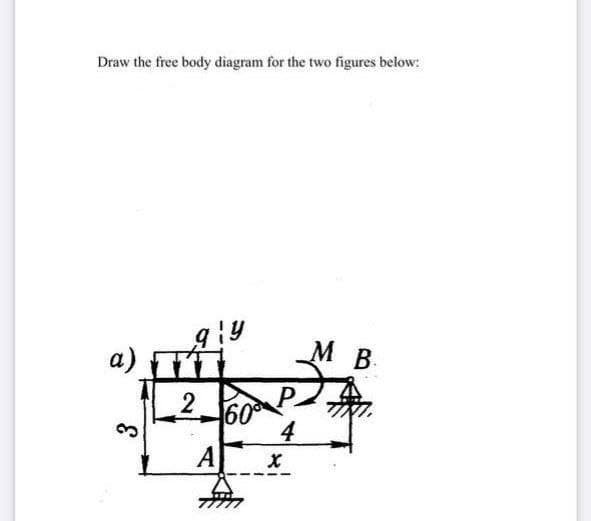 Draw the free body diagram for the two figures below:
a) T
M B
2
P.
60
4
A
